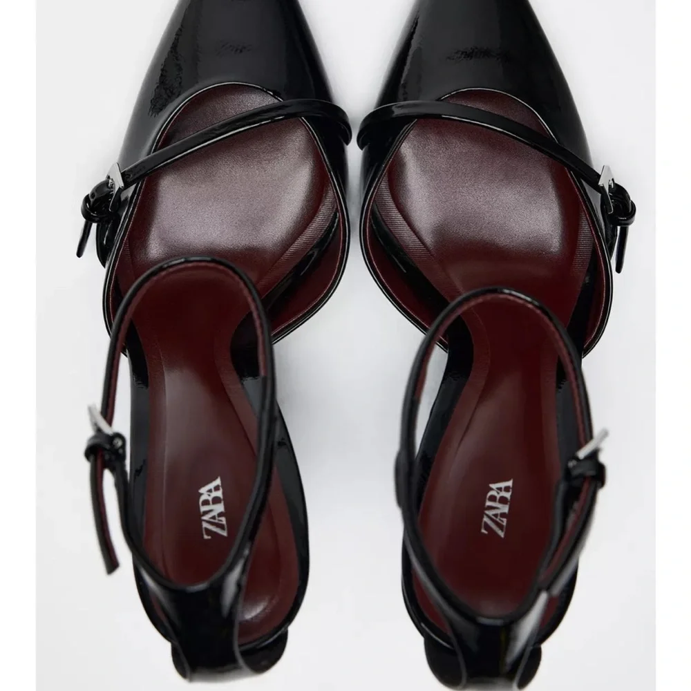 Black Patent Leather Ankle Strap Buckle Heels - Picture 6 of 6